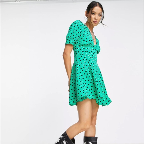 Topshop Green & Black Polkadot Puff-Sleeve Dress - Picture 1 of 6